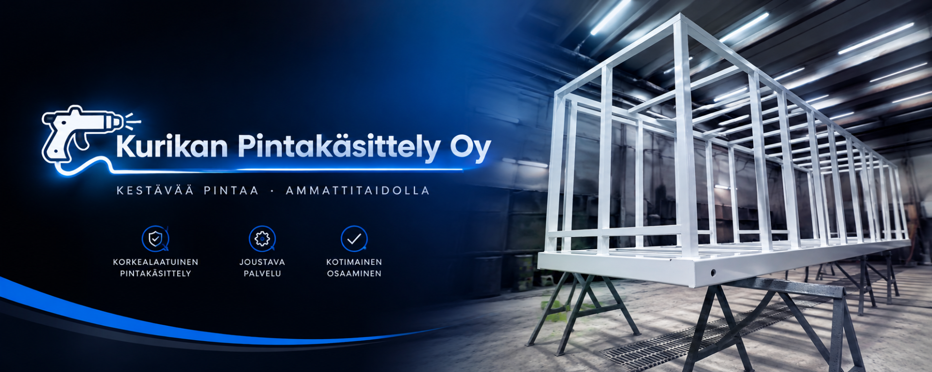 Sininen yritysgrafiikka, teollisuushalli, jossa maalattu kehikko